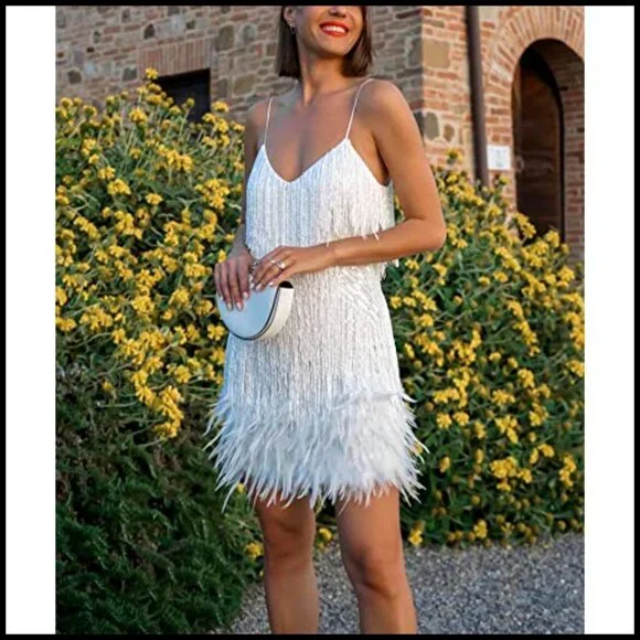 Sequin Flapper Dress Sleeveless Feather Fringe Glitter Sparkly Mini Party - Picture 4 of 5